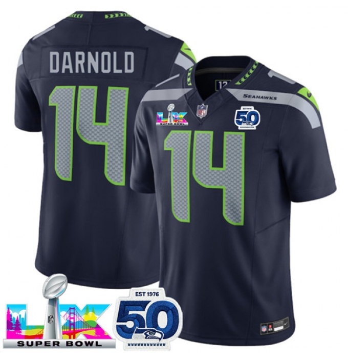 Men's Seattle Seahawks #14 Sam Darnold Navy 2025 F.U.S.E. Super Bowl LX And 50th Season Vapor Limited Football Stitched Jersey