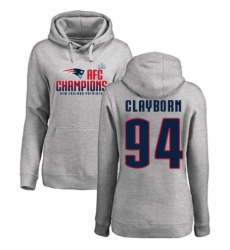 Women's Nike New England Patriots #94 Adrian Clayborn Heather Gray 2017 AFC Champions Pullover Hoodie