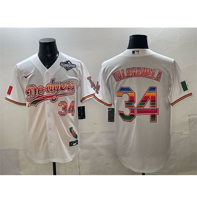 Men's Los Angeles Dodgers #34 Fernando Valenzuela White Mexico California 2025 World Series Patch Stitched Baseball Jersey