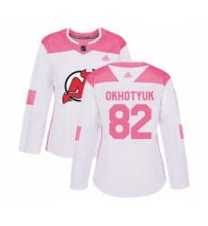 Women's New Jersey Devils #82 Nikita Okhotyuk Authentic White Pink Fashion Hockey Jersey
