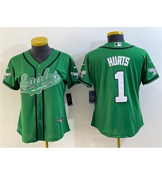 Women's Philadelphia Eagles #1 Jalen Hurts Green Cool Base Stitched Baseball Jersey