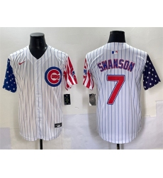 Men's Chicago Cubs #7 Dansby Swanson White Pinstripe 2025 Independence Day Vapor Premier Limited Stitched Baseball Jersey