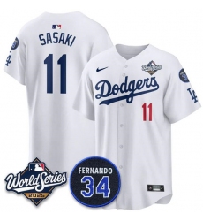 Men's Los Angeles Dodgers #11 Rōki Sasaki White 2025 World Series With No. 34 Limited Stitched Jersey