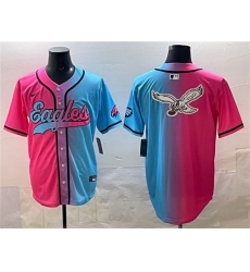Men's Philadelphia Eagles Team Big Logo Pink Blue Limited Stitched Baseball Jersey1