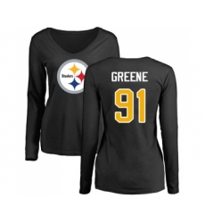 Football Women's Pittsburgh Steelers #91 Kevin Greene Black Name & Number Logo Slim Fit Long Sleeve T-Shirt