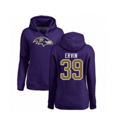 Football Women's Baltimore Ravens #39 Tyler Ervin Purple Name & Number Logo Pullover Hoodie