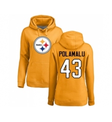 Football Women's Pittsburgh Steelers #43 Troy Polamalu Gold Name & Number Logo Pullover Hoodie