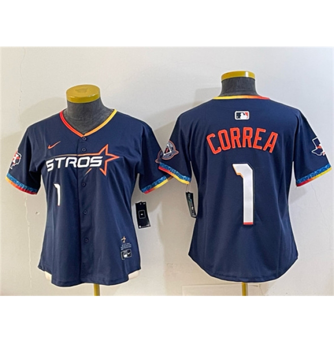Women's Houston Astros #1 Carlos Correa Navy 2025 City Connect With Texas Patch Limited Stitched Baseball Jersey(Run Small)