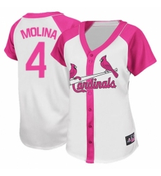 Women's Majestic St. Louis Cardinals #4 Yadier Molina Replica White Pink Splash Fashion MLB Jersey