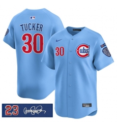 Men's Chicago Cubs #30 Kyle Tucker Blue 'Ryne Sandberg Tribute' Vapor Limited V3 Stitched Baseball Jersey