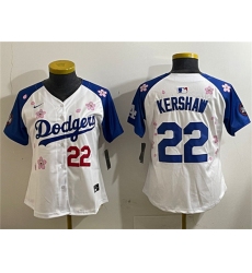 Women's Los Angeles Dodgers #22 Clayton Kershaw White Royal 2025 Tokyo Series Limited Stitched Baseball Jersey(Run Small)