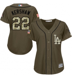 Women's Majestic Los Angeles Dodgers #22 Clayton Kershaw Replica Green Salute to Service MLB Jersey