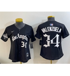 Women's Los Angeles Dodgers #34 Fernando Valenzuela Black 2025 World Series Champions LA Gothic Edition Limited Stitched Baseball Jersey